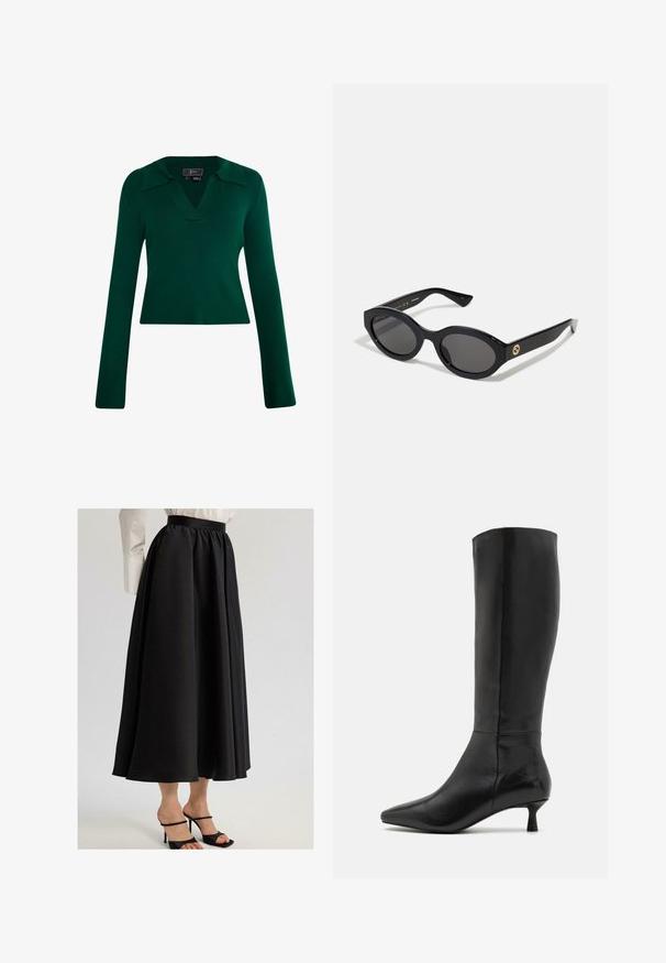 Grøn ribbet strikpullover med lange ærmer, V-hals og krave-design. Har en tætsiddende silhuet med en glat tekstur.; Sort maxi-nederdel lavet af glat stof, med en draperet talje og flydende design, parret med sorte sandlede hæle.; Zign Høje støvler/ Støvler - black; Sorte ovale solbriller med mørke linser og blank plastramme. Har et guldlogo på stykket, hvilket giver et slankt og moderne design.
