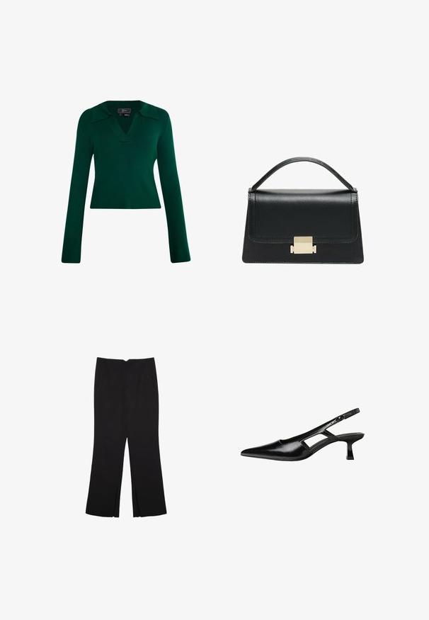 Zeleni rebrasti pleteni pulover s dugim rukavima, V-izrezom i ovratnikom. Ima prilagođen siluetu s glatkom teksturom.; Crne hlače ravnog kroja, s prednjim džepovima i bočnim prorezima na rubu. Izrađene od mekog i glatkog materijala. Pogodne za razne prigode.; Crne lakirane natikače na remenčić sa špicastim nosom, dizajnom sa izrezima sa strane i malim kvadratnim potplatom. Glatka tekstura s minimalnim akcentima.; Crna kožna torba s strukturiranim dizajnom, gornjom drškom i zlatnim metalnim kopčanjem na prednjoj strani. Glatka tekstura, minimalno šivanje.