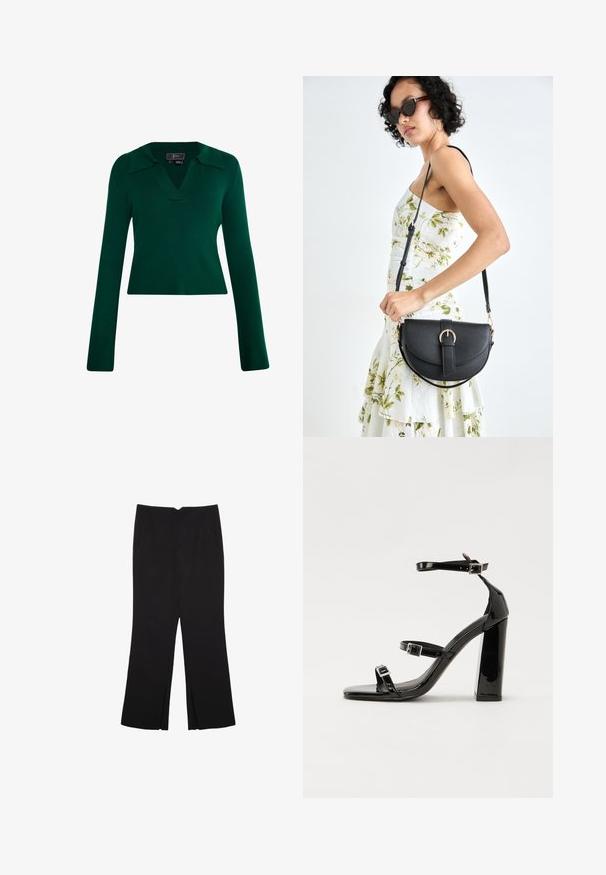 Green ribbed knit pullover with long sleeves, a V-neck, and a collared design. Features a fitted silhouette with a smooth texture.; Black trousers with a straight fit, featuring front pockets and side slits at the hem. Made of soft, smooth fabric. Suitable for various occasions.; Black patent heeled sandals with a square toe, ankle straps, and silver buckles. Features a chunky block heel for stability.; Black leather handbag with a curved shape, detachable strap, and gold hardware. The bag features a flap with a buckle detail.