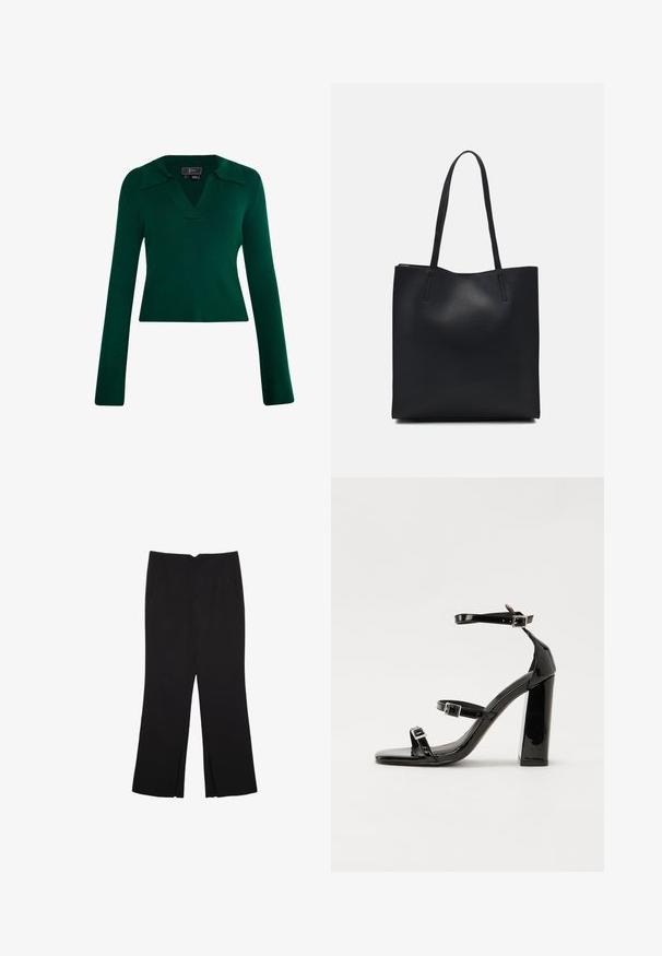 Pull en tricot côtelé vert avec des manches longues, un col en V et un design à col. Présente une silhouette ajustée avec une texture lisse.; Pantalon noir avec une coupe droite, doté de poches avant et d'éclairs sur l'ourlet. Fabriqué en tissu doux et lisse. Convient à diverses occasions.; Sandales à talons vernies noires avec un bout carré, des sangles autour de la cheville et des boucles en argent. Dotées d'un talon bloc épais pour plus de stabilité.; Sac fourre-tout en cuir noir avec une texture lisse, de forme rectangulaire et deux longues poignées. Pas de matériel ou d'ornementations visibles.