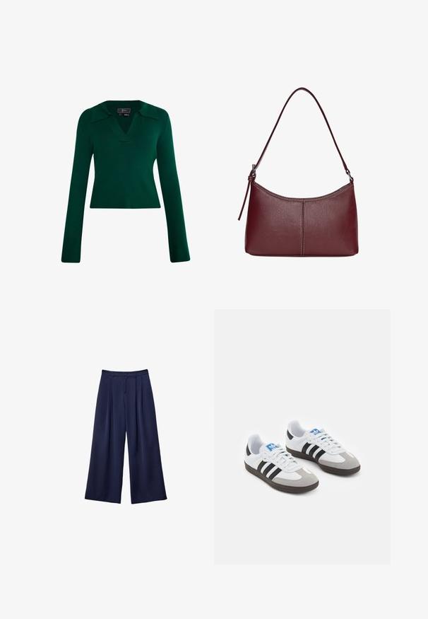 Pull en tricot côtelé vert avec des manches longues, un col en V et un design à col. Présente une silhouette ajustée avec une texture lisse.; Pantalons larges bleu marine avec des plis, taille à boutons et passants de ceinture, présentés à plat sur un fond blanc.; Baskets avec une tige en cuir blanc, un bout en daim gris et trois bandes noires. Présente un logo bleu sur la languette et une semelle en caoutchouc texturée.; Sac à main en cuir bordeaux avec une forme arrondie, une bandoulière unique et des coutures au centre. Texture lisse, matériel minimal.