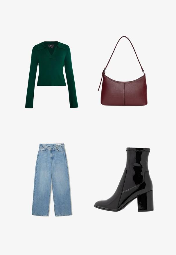 Zöld bordás kötött pulóver hosszú ujjakkal, V-kivágással és galléros kialakítással. Feszes fazonú, sima textúrával rendelkezik.; Világoskék, bő szárú farmer nadrág, magas derékkal, öt zsebbel, gombos záródással és finom kopással a textúráért.; Fekete lakk bokacsizma sima felülettel, hegyes orral és struktúrált tömbsarkal. Cipzár nélküli kialakítással és kontrasztos varrással rendelkezik.; Bordó bőr kézitáska ívelt formával, egyetlen vállpánttal és varrott díszítéssel a középen. Simás textúra, minimális fémalkatrészek.