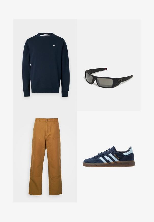Marineblauwe sweatshirt gemaakt van zachte stof, voorzien van een ronde hals, lange mouwen en een klein merkembleem op de borst. Glad textuur.; Bruine katoenen utility broeken met een rechte pijpdesign, voorzien van voorzakken en metalen hardware accenten voor extra duurzaamheid.; Marineblau suede Adidas sneaker met lichtblauwe strepen, gumzool, lichtblauw hielstuk en gouden "Spezial" branding aan de zijkant.; Zwarte zonnebril met een matte afwerking, rechthoekige glazen, een lichte kromming op de slapen, subtiele logodetails en rookgetinte glazen.