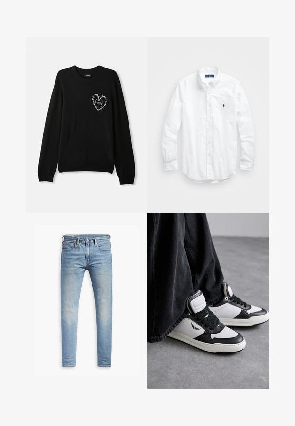 Juodas megztinis su apvalia kaklo linija, ilgomis rankovėmis ir baltos siuvinėjimo širdies dizainu, akcentuotu karka ir žodžiu „MEILĖ“. ; Balta ilga rankovė mygtukų marškiniai iš medvilnės. Pasižymi klasikinėmis apykaklėmis, mygtukų rankogaliais ir mažuoju tamsiai mėlynu siuviniu su logotipu ant krūtinės.; Šviesiai mėlyni aptempti džinsai su lengvu nudėvėjimu šlaunyse, priekyje užsegami mygtuku, su diržo kilpelėmis ir penkių kišenių stiliumi ant baltos fono.; Juodos ir baltos aukštos sportinės bateliai su tekstūruotais juodais raišteliais, pagaminti iš odos ir sintetinių medžiagų, su logotipu šone.