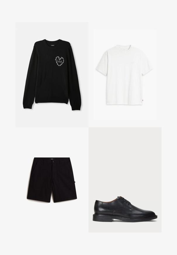 Schwarzer Pullover mit Rundhalsausschnitt, langen Ärmeln und einem weißen gestickten Herzdesign, das mit Stacheldraht und dem Wort "LOVE" akzentuiert ist.; Weißes Baumwoll-T-Shirt mit kurzen Ärmeln, Rundhalsausschnitt und dezentem Levi's-Logo in der Mitte. Weicher Stoff und normale Passform.; Schwarze Shorts aus Baumwolle mit einem normalen Bund, zwei Fronttaschen und einer bequemen Passform. Einfaches Design ohne sichtbare Muster.; Schwarze Lederdressschuhe mit runder Zehenform, Schnürdesign und niedrigem gestapeltem Absatz. Glatte Textur mit minimalen Nähten.