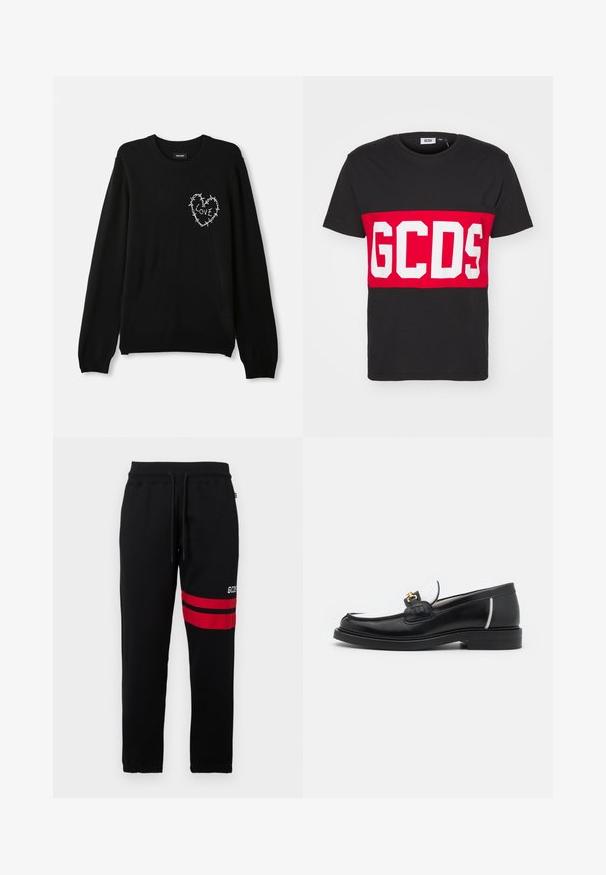 Zwart sweater met een ronde hals, lange mouwen en een witte geborduurde hartontwerp versierd met prikkeldraad en het woord "LOVE."; GCDS BAND LOGO REGULAR - T-shirt print - black; Zwarte sweatpants met contrasterende rode strepen en logo aan de zijkant. Beschikt over een elastische tailleband met trekkoord en taps toelopende enkelboorden.; Zwarte leren instapper met een ronde neus, witte accenten en gouden hardware op de wreef. Bevat een getextureerde patch en een gestapelde hak.