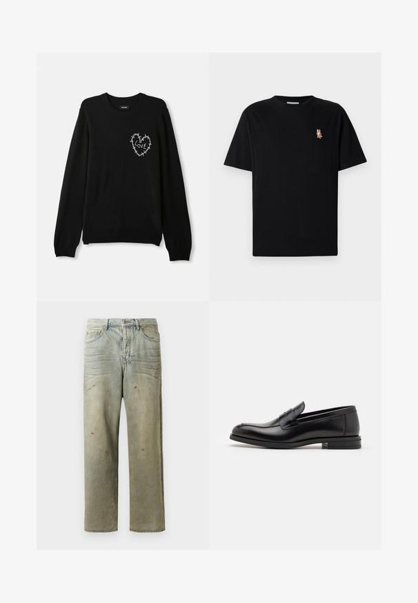 Sudadera negra con cuello redondo, mangas largas y un diseño bordado en forma de corazón blanco acentuado con alambre de púa y la palabra "AMOR."; Camiseta negra de manga corta con cuello redondo, con un pequeño logo de zorro naranja bordado en el lado izquierdo del pecho.; Jeans de mezclilla desgastados en verde claro, con corte recto, diseño de cinco bolsillos y decoloración desigual con manchas de pintura.; Mocasines de cuero negro con una textura suave, puntera redondeada y una tira decorativa en el empeine. Tacón bajo apilado, diseño minimalista.