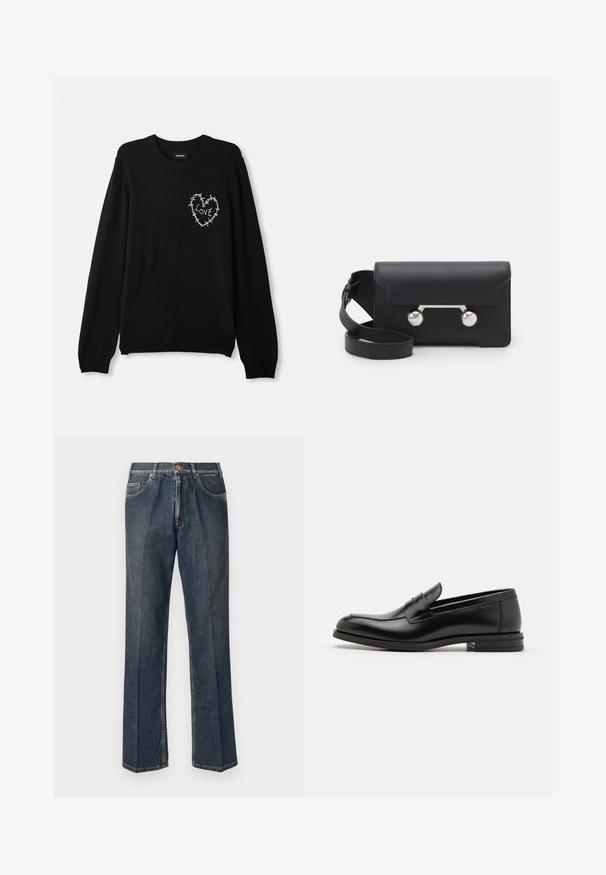 Sort sweater med rund hals, lange ærmer og et hvidt broderet hjerte-design pyntet med pigtråd og ordet "KÆRLIGHED."; Mørkeblå lige ben denim jeans med frontknap, lynlås, dobbelte forlommer og synlige lodrette folder ned langs benene.; Sorte læderloafers med en glat overflade, rund tå og en dekorativ strop over vampen. Lav hæl med stabeldesign, minimalistisk stil.; Sort læder crossover taske med klaplukning, sølvfarvet hardware og to runde accenter. Har en aftagelig rem. Glat tekstur.
