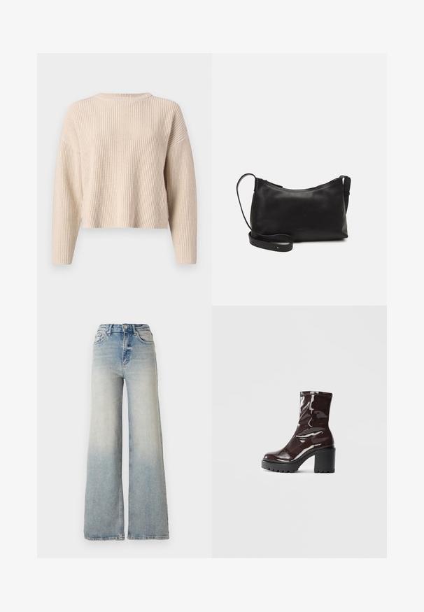 Beige strikket sweater med rund halsudskæring, lange ærmer og en afslappet pasform. Har ribbet struktur og en cropped kant.; Lyseblå vid jeans lavet af denim, med høj talje, fem lommer og synlige sømme langs sømmene.; Glatte burgunder ankelstøvler med en chunky sort hæl, der har en glat tekstur og et simpelt design. Ingen synlige lukninger eller mønstre.; Sort læder skuldertaske med en glat tekstur, buet form, justerbar rem og lynlås. Minimalistisk design uden udsmykninger.