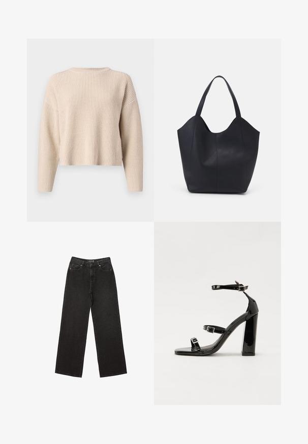 Beige neulepusero, jossa on pyöreä kaula-aukko, pitkät hihansuut ja rento malli. Varustettu ribbikuvioinnilla ja lyhyellä helman pituudella.; Mustat leveät farkut, jotka on valmistettu denimestä ja joissa on pieniä pistekuvioita, perinteinen viisi-taskuinen muotoilu sekä nappi- ja vetskarihyttys.; Musta kiiltävä korkokenkä sandaalit neliönmuotoisella varpaalla, nilkkaremmillä ja hopeisilla soljilla. Varustettu tukevalla lohkokorkealla vakauden takaamiseksi.; Mustat kangaskassit, jotka on valmistettu sileästä nahasta, jossa on kaareva, avoin yläosa, kaksi olkahihnaa ja minimalistinen muotoilu.