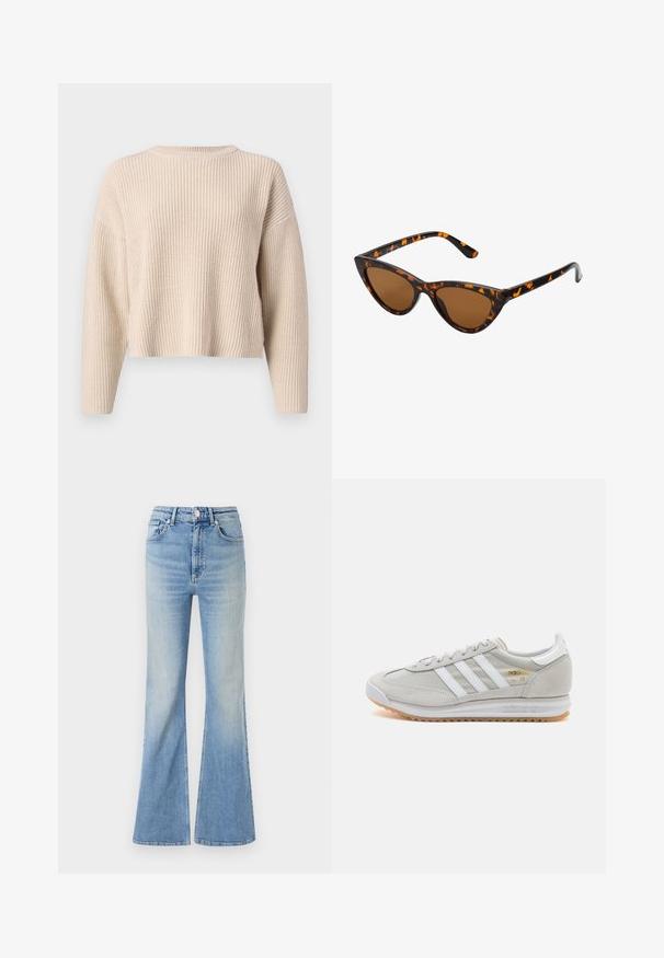 Beige gestrickter Pullover mit Rundhalsausschnitt, langen Ärmeln und lockerer Passform. Mit geripptem Muster und kurzem Saum.; Helle blaue Schlagjeans aus Denim mit hoher Taille, fünf Taschen und subtilem Farbverlauf bis zum Saum.; Hellgraue Sneaker aus Wildleder und Mesh, mit drei weißen Streifen, runder Zehenpartie und einer Sohle aus Gummi. Goldenes Logo-Detail nahe der Schnürsenkel.; Katzenaugen-Sonnenbrille mit einem schwarz-orangenen Schildpattrahmen, braunen Gläsern und schlanken, spitzen Enden. Verfügt über ein minimalistisches Logo am Bügel.