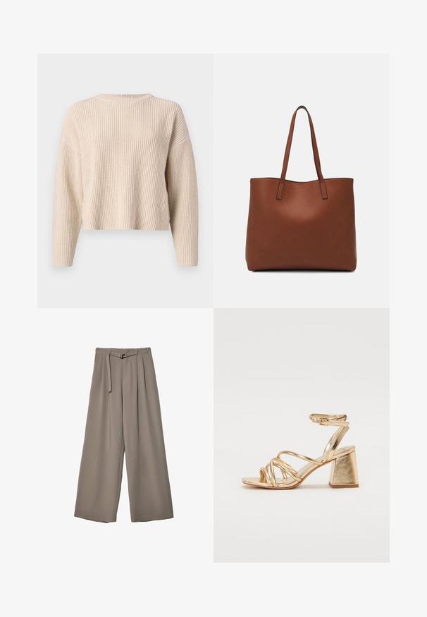 Pull en tricot beige avec un col rond, des manches longues et une coupe décontractée. Présente une texture côtelée et un ourlet court.; Pantalons évasés en tissu gris doux et muted, avec une taille ceinturée et des plis pour un détail de design supplémentaire. Texture lisse, sans motifs.; Sandales à talons métalliques dorés avec un design à lacets, un talon carré, et une sangle de cheville ajustable avec une boucle. Texture lisse.; Sac fourre-tout en cuir marron avec une texture lisse, design à ouverture supérieure et deux poignées pour le porter à l'épaule. Présente des coutures minimales et aucun matériel visible.