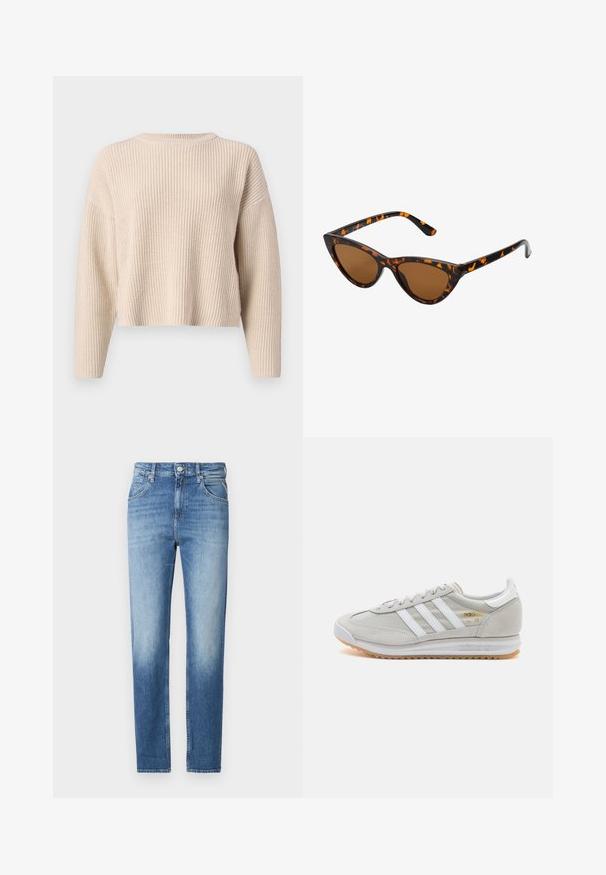 Beige gebreide trui met een ronde hals, lange mouwen en een relaxte pasvorm. Kenmerkt een geribbelde textuur en een cropped zoom.; Lichtblauwe spijkerbroek met een rechte fit, vervaagde textuur, vijf zakken en een knoopsluiting aan de taille. Kenmerkende stiksel-details.; Lichtgrijze sneaker van suede en mesh, met drie witte strepen, ronde neus en een gumrubberen zool. Gouden logo-accent bij de veters.; Cat-eye zonnebril met een zwart en oranje schildpadframe, bruine lenzen en slanke, puntige uiteinden. Bevat een minimalistisch logo op de poot.