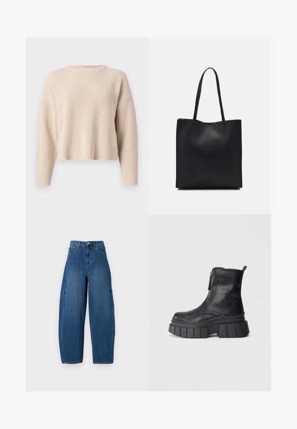 Beige knitted sweater with a crew neckline, long sleeves, and a relaxed fit. Features ribbed texture and a cropped hem.; Denim jeans in a medium blue wash, featuring a high waist, wide leg cut, and standard five-pocket design with visible stitching details.; Black leather ankle boot with chunky grooved platform sole and side zipper, displayed on neutral gray background.; Black leather tote bag with smooth texture, rectangular shape, and two long handles. No visible hardware or embellishments.