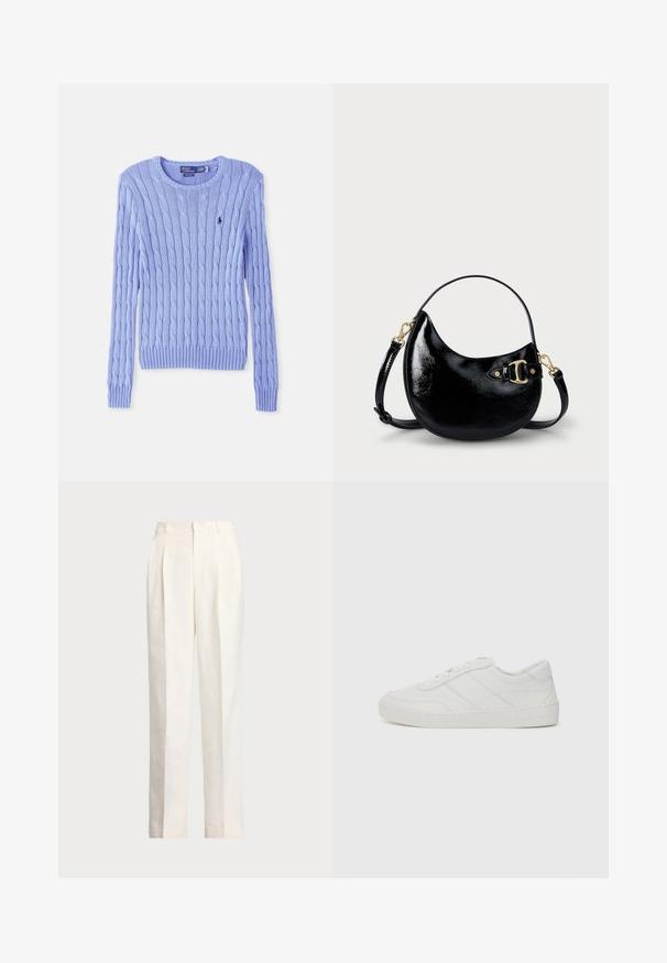 Suéter de malha azul claro com padrão de cabos, punhos e bainha canelados. Apresenta um pequeno logótipo no peito. Decote redondo clássico.; Polo Ralph Lauren HEMP WIDE LEG PANT - Calças - nevis; Sapatilha de couro branco com atacadores planos, bico arredondado e detalhes de costura subtis. Apresenta uma sola texturizada e um logótipo da marca em relevo no calcanhar.; Bolsa de señora em couro verniz preto com forma curva, alça ajustável e detalhes em metal dourado na lateral. Textura suave e brilhante.