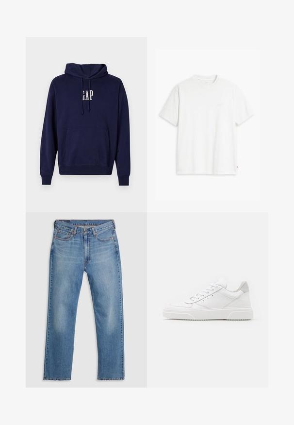 GAP LOGO - Melegítőfelső - navy; Fehér pamut póló rövid ujjakkal, kerek nyakkal és diszkrét Levi's logóval a középen. Puha tapintású és szabványos szabású.; Kék egyenes szárú farmernadrág elöl gombbal és cipzárral záródik, övhurkokkal és öt zsebes dizájnnal, fehér háttéren.; Fehér bőr sportcipő sima felülettel, kerek orral, lapos fűzőkkel és textúrált talppal. Szürke velúr díszítés a saroknál.