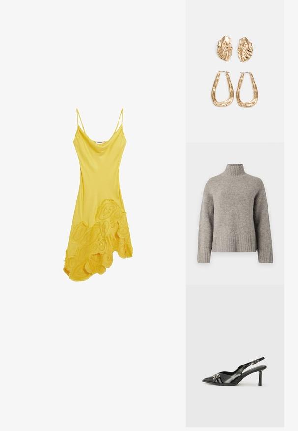Svijetlosivi pulover s rolkragnom, izrađen od meke, teksturirane tkanine. Ima rebraste manžete i donji rub, s opuštenim krojem i minimalističkim dizajnom.; Žuta haljina bez rukava s plutajućim dizajnom, s teksturiranom cvjetnom aplikažom na rubu, izrađena od glatkog materijala.; Crna lakirana slingback cipela s izduženim vrhom, remenčićima oko gležnja s srebrnim kopčama i dijelovima, te vitkim potplatom.; Naušnice zlatne boje s teksturiranim, valovitim oblicima. Uključuju skulpturalne kopče i dizajn otvorene kružnice s kovanom završnom obradom.