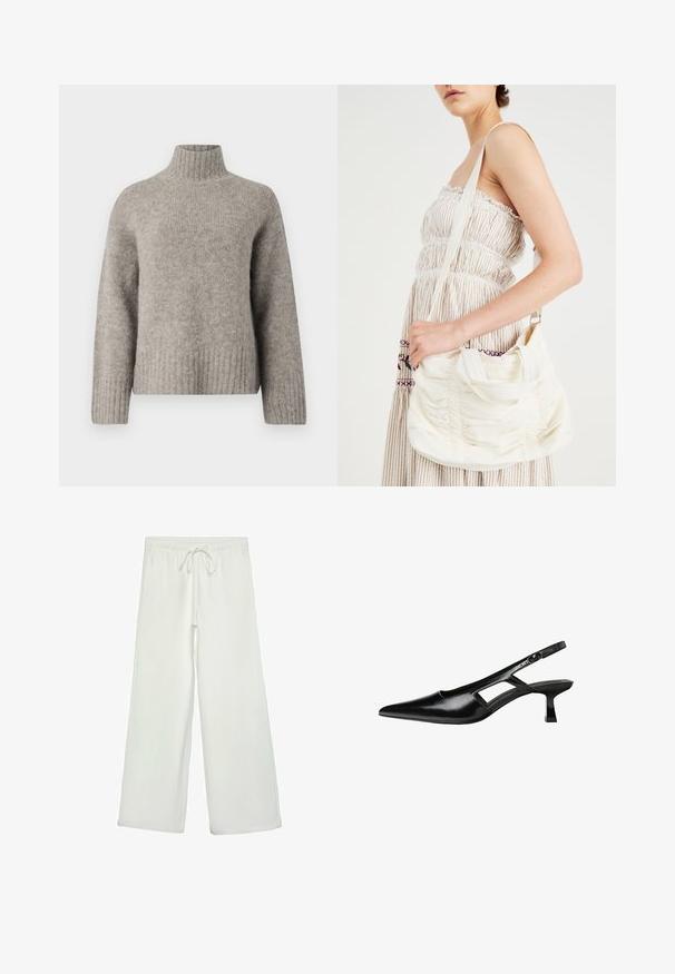 Světle šedý rolák vyrobený z měkké, strukturované tkaniny. Má žebrované manžety a lem, uvolněný střih a minimalistický design.; Bílé kalhoty s širokými nohavicemi vyrobené z měkké tkaniny. Mají elastický pas se stahovací šňůrkou a hladkou strukturu. Žádné viditelné vzory ani kovové prvky.; Černé lakované lodičky na podpatku se špičatou špičkou, výřezovým designem na boku a malým čtvercovým podpatkem. Hladká textura s minimálními akcenty.; Bílá textilní taška přes rameno se shromážděnou texturou, nastavitelným popruhem a stříbrným kováním. Vyložená vedle krémových šatů.