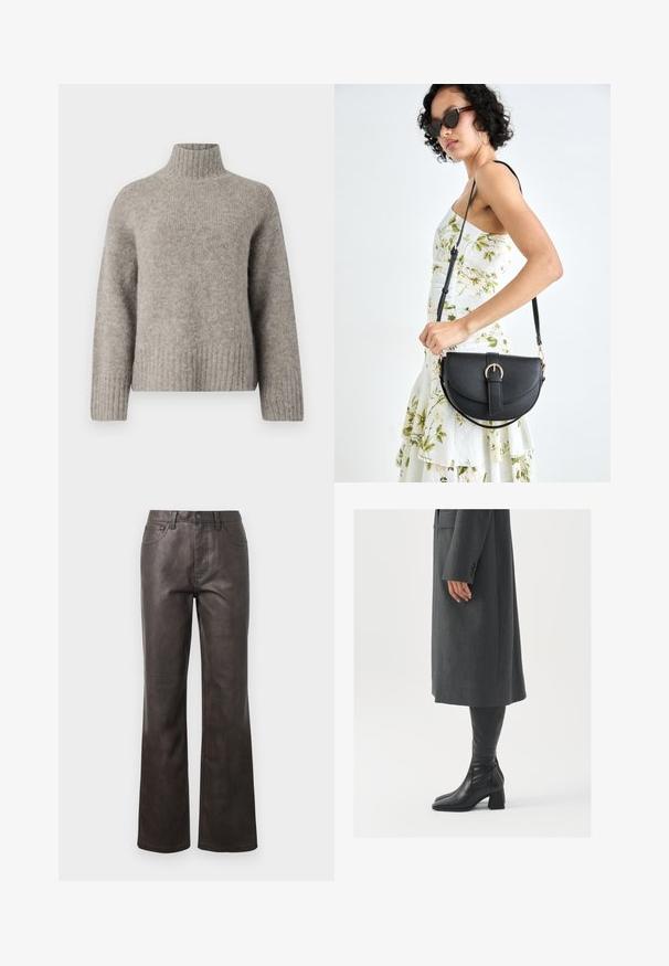 Vaaleanharmaa poolopaita, joka on valmistettu pehmeästä ja teksturoidusta kankaasta. Siinä on ribbineuloksiset hihansuut ja helma, rento istuvuus ja minimalistinen muotoilu.; Ruskeat nahkahousut, joissa korkea vyötärö, suoralahkeinen malli, näkyvät sauma-aiheet ja viisi taskua. Sileä pinta, vähäinen kiilto.; Harmaa, muotoiltu pitkätakki suoran leikkauksen kanssa; yhdistetty polven yli yltäviin mustiin nahkasaappaisiin, joissa on neliön muotoinen kärki ja paksu kanta.; Musta nahkainen käsilaukku, joka on kaareva muotoilultaan, irrotettavalla hihnalla ja kultaisilla yksityiskohdilla. Laukussa on läppä, jossa on solk yksityiskohta.