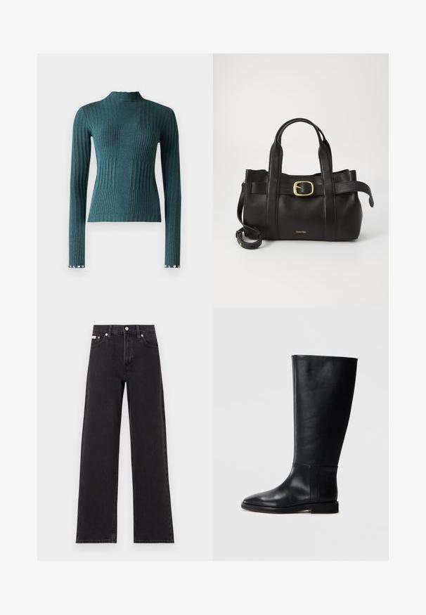 Patrizia Pepe Strickpullover - mineral green; Schwarze weit geschnittene Jeans aus Denim mit einem hoch sitzenden Bund, fünf Taschen und einem Metallknopfverschluss mit kontrastierendem Nähte.; Schwarze Lederstiefel bis zum Knie mit runder Zehenform, glatter Textur, minimalistischem Design und flacher Sohle. Einfache Nahtdetails am Schaft.; Schwarze Lederhandtasche mit strukturiertem Design, doppelten oberen Griffen, goldfarbenem Schnallenakzent und geprägtem Markenlogo auf der Vorderseite.