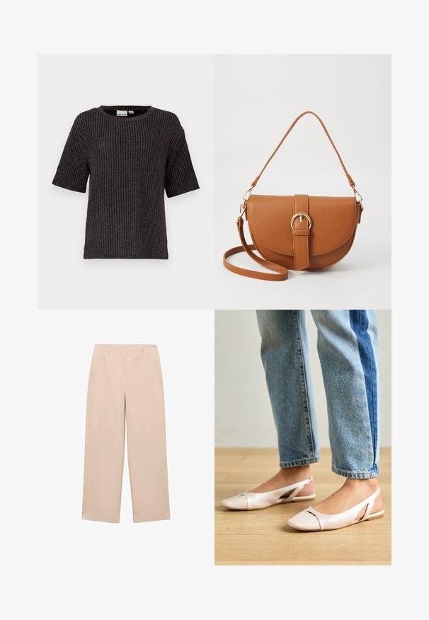 Černý pletený svetr s krátkým rukávem se zaobleným výstřihem, texturovanou tkaninou a jemnými akcenty kovových nití propletenými po celém povrchu.; Béžové kalhoty s širokými nohavicemi vyrobené z hladké tkaniny, s plochým předním dílem a poutky na pásek, bez viditelných vzorů nebo ozdob.; Světle růžové slingback baleríny s špičatou špičkou, vyrobené z hladkého koženému materiálu. Obsahují vystřihovací detaily po stranách a plochý podpatek.; Hnědá kožená křížová taška s zakřiveným tvarem, zlatými detaily a akcentem s přezkou. Obsahuje odnímatelný popruh na rameno.