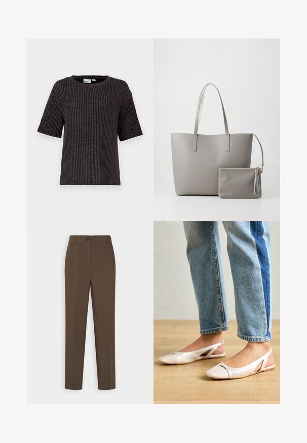 Fekete, bordás, rövid ujjú pulóver, lekerekített nyakkivágással, texturált anyaggal és finom fémszálas díszítéssel.; Egyenes szárú barna nadrág övhurkokkal és egyetlen elülső gombos záródással, fehér háttér előtt bemutatva.; Világos rózsaszín slingback laposlábú cipők, hegyes orral, sima bőrhatású anyagból készült. Oldalt kivágott részletek találhatók rajta, valamint lapos sarkú.; Szürke szintetikus válltáska, két hosszú füllel és egy hozzá illő, cipzáras kis tasakkal, amely tasselt tartalmaz. Simító textúra finom mintázattal.
