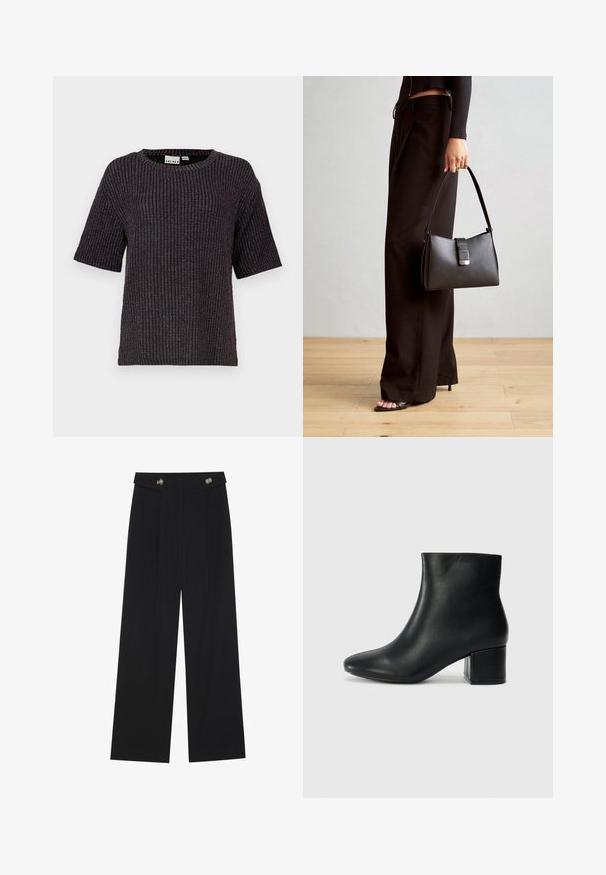 Fekete, bordás, rövid ujjú pulóver, lekerekített nyakkivágással, texturált anyaggal és finom fémszálas díszítéssel.; Fekete, bő szárú nadrág magas derékkal, gombos részletekkel a derékrészen és elülső pliszékkal.; Fekete bőr bokacsizma hegyes orral és vastag sarokkal. Sima felület minimális díszítéssel és karcsú, passzos kialakítással.; Fekete kézi táska strukturált formával, sima textúrával és fémből készült záródással. Széles fekete nadrággal és nyitott orrú szandállal párosítva, fából készült padlón.