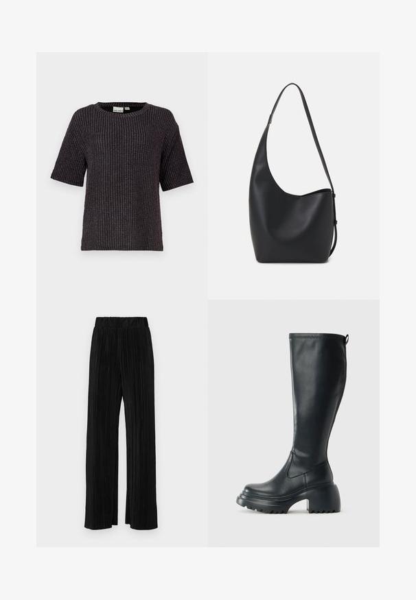 Sweater preto de malha canelada com mangas curtas, decote redondo, tecido texturizado e sutis acentos de fio metálico entrelaçados.; Calças pregueadas pretas com uma cintura elástica. Apresentam pernas largas e um tecido liso, texturizado com riscas verticais.; Bota preta de couro alta com sola de plataforma robusta e salto bloco, apresentando puxador e padrão texturizado na sola.; Saco hobo preto em pele com uma textura lisa, forma curva e uma única alça ajustável; apresenta uma abertura larga na parte de cima.