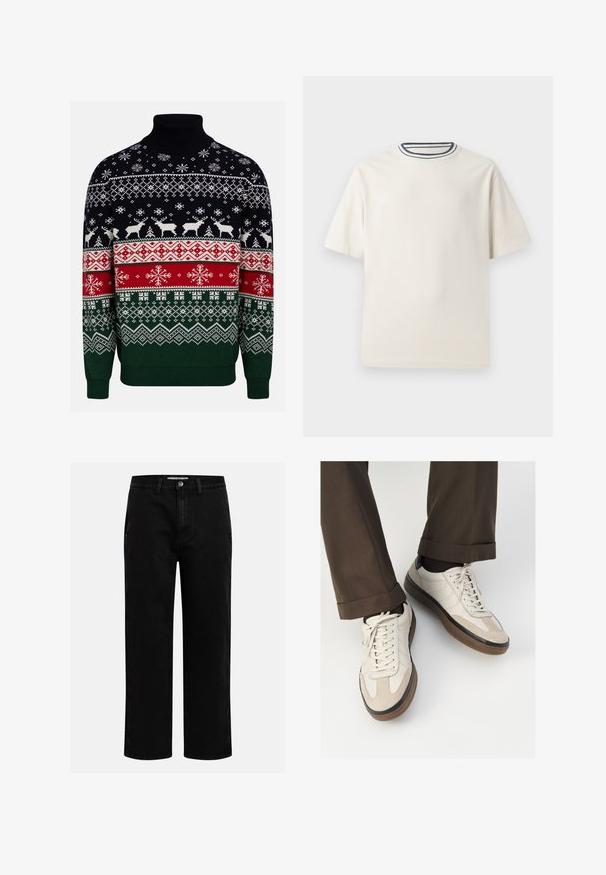 Mitmevärviline kampsun kõrge kaelusega. Kaunistatud geomeetriliste mustrite ja põhjapõdra motiividega sinises, rohelises, punases ja valges värvitoonis.; Kreemivärvi puuvillane T-särk lühikeste varrukatega, ümmarguse kaeluse ja mereteemalise sinise ja valge triibuga. Sile tekstuur, mugav lõike.; Mustad denim püksid sirge jala kujundiga, klassikaline viie tasku disain ja nööbid kinniuisutamisel. Sile tekstuur ja vastupidav kangas.; Bežid spordijalised, millel on tekstuuriga suede esiosa, siledast nahast küljed ja pruun kummitald. Lisatud on paelad ja heledad õmbluse detailid.