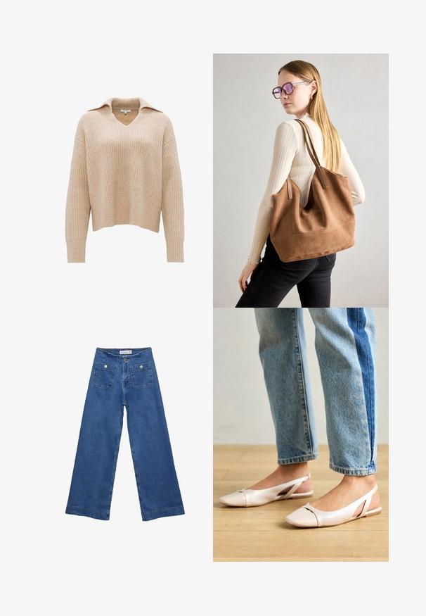 Beige Strickpullover mit V-Ausschnitt und Kragen. Hat ein strukturiertes, geripptes Design und lange Ärmel, abgeschlossen mit einem cropped Saum.; Denim-Hosen im weiten Schnitt mit einer mittleren blauen Waschung, zwei Vordertaschen mit Knopfverschluss und genähten Details entlang der Säume.; Blassrosa Slingback-Ballerinas mit spitzem Punkt, aus einem glatten, lederähnlichen Material. Mit Ausschnitten an den Seiten und einem flachen Absatz.; Braune Wildleder-Tasche mit weicher Textur, großer Öffnung und langen Trägern. Sie verfügt über ein simples Design mit sichtbarem Stich und ohne Beschläge.