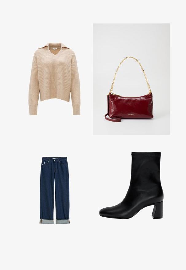 Beige Strickpullover mit V-Ausschnitt und Kragen. Hat ein strukturiertes, geripptes Design und lange Ärmel, abgeschlossen mit einem cropped Saum.; Dunkelblaue Jeans aus Denim mit geradem Bein, umgeschlagenen Säumen, sichtbarem Stich und klassischem Fünf-Taschen-Stil.; Schwarzer Knöchelstiefel aus glattem Leder. Mit quadrater Zehenpartie, elastischem Schaft und einem stabilen Blockabsatz. Minimalistisches Design.; Burgunderfarbene Ledertasche mit glatter Oberfläche, goldener Kettenriemen und Reißverschluss. Prägierte Logo auf der Vorderseite. Kompakt gestaltet.
