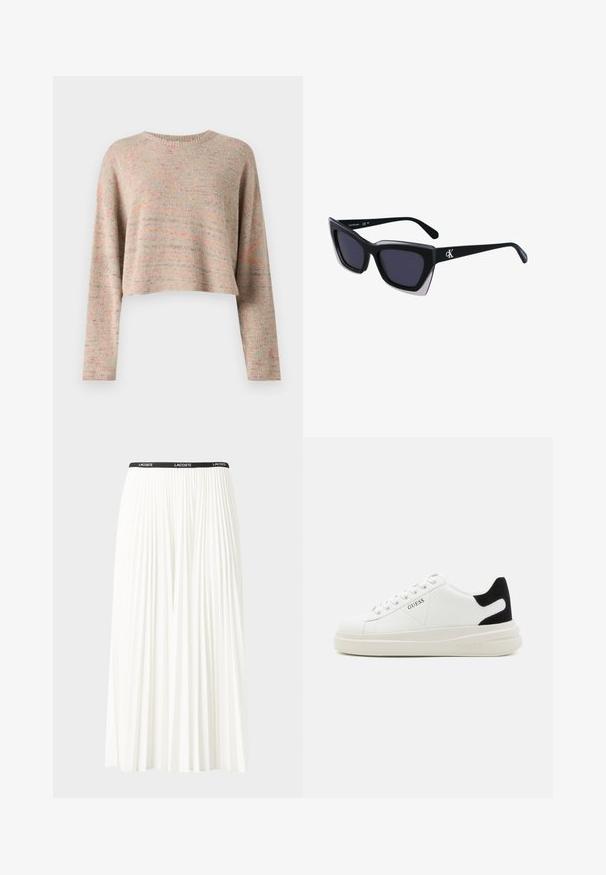 Lett, cropped genser i flerfarget strikk med rund hals og lange ermer. Myk tekstur med subtil mønstring gjennom hele.; Plissert hvit skjørt med en svart elastisk midje som har "LACOSTE"-logoen. Midjelengde design med myk tekstur.; Hvite lær sneakers med tykk hvit såle, svart semsket hælforsterkning og preget logo på siden. Snøresystem med seks hull.; Store svarte solbriller i overdimensjonert størrelse med geometrisk form, med mørke linser og en kontrasterende grå detalj på rammen. Logo på armen.