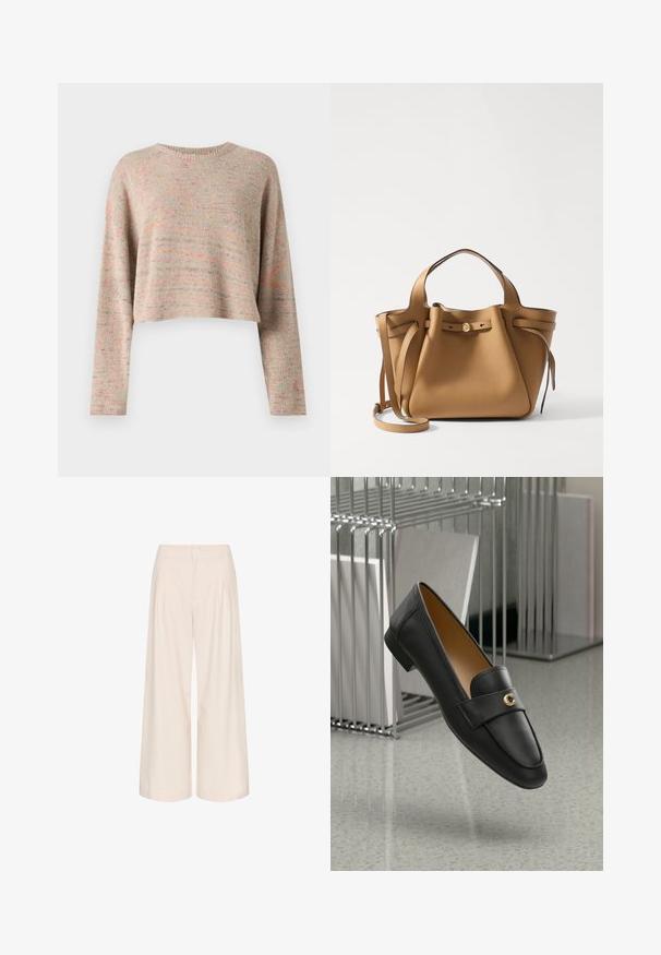 Pulover ușor, scurt, din tricot multicolor, cu guler rotund și mâneci lungi. Textură moale cu un model subtil pe întreaga suprafață.; Pantaloni evazați crem cu pliuri, realizați dintr-un material neted. Au talie înaltă și buzunare laterale pentru funcționalitate.; Pantofi eleganți din piele neagră, cu un accent auriu, vârful rotunjit și o textură netedă, suspendați deasupra unei suprafețe reflectorizante cu rafturi metalice.; Tory Burch ROMY PEBBLED SATCHEL - Geantă de mână - tiramisu