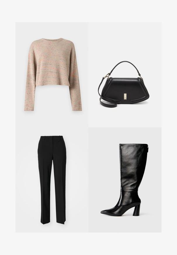 Lightweight, cropped sweater in multicolored knit with a round neckline and long sleeves. Soft texture with subtle patterning throughout.; Black tailored trousers with a straight-leg design, featuring a smooth texture and crisp creases along the front. No visible hardware.; Knee-high black leather boot with a pointed toe, smooth texture, and a chunky heel. Features a zipper detail at the back.; Black leather handbag with a structured design, featuring a cropped shape, top handle, and gold hardware accent. Adjustable shoulder strap included.