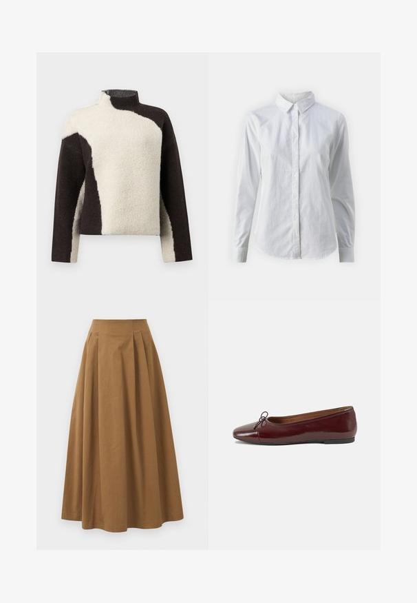 Fleece džemperis ar augstu apkakli, ar krāsu blokiem tumši brūnā un krēmkrāsā, demonstrējot mīkstu, teksturētu apdari.; Balta pogājamā krekla augšdaļa, izgatavota no gluda kokvilnas, ar klasisku apkakli, garām piedurknēm un izliekto apakšmalu. Pogas ir mazas un baltas.; Brūna kokvilnas A formas svārki ar augstu jostasvietu, kurai priekšā ir krokas un gluda tekstūra. Apakšmala ir tīra un vienkārša.; Burgundijas laku ādas baleta kurpes ar noapaļotu purngalu, nelielu loku akcentu priekšā un zemu melnu gumijas zoli. Gluda tekstūra.