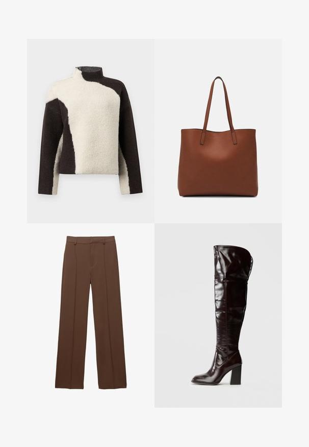 Sweter z polaru z wysokim kołnierzem, w kolorze brązowym i kremowym, z delikatną, teksturowaną powierzchnią.; Brązowe, szerokie spodnie z gładkiego materiału; mają wyłożone pliski z przodu i płaski pas z szlufkami na pasek.; Bordowe, błyszczące botki z wysokiej skóry sięgające do kolan, ze kwadratowym noskiem i szerokim obcasem, charakteryzujące się luźnym fasonem i minimalną ilością przeszyć.; Brązowa skórzana torba tote o gładkiej fakturze, z otwartym wierzchem i dwoma ramiączkami. Charakteryzuje się minimalnym przeszyciem i brakiem widocznych elementów metalowych.