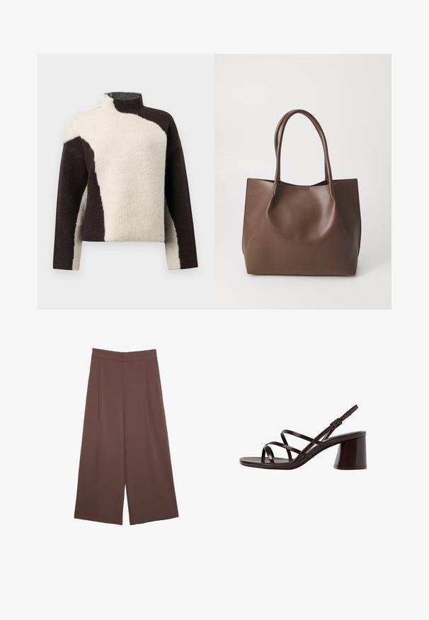Sweter z polaru z wysokim kołnierzem, w kolorze brązowym i kremowym, z delikatną, teksturowaną powierzchnią.; Brązowe spodnie o szerokich nogawkach z gładką fakturą, z wysokim stanem i plisami z przodu. Materiał jest lekki i luźno opada.; Brązowe sandały na wysokim obcasie z grubym obcasem, z gładkim, błyszczącym wykończeniem i wieloma krzyżującymi się paskami na cholewce.; Brązowa skórzana torba tote z dwiema długimi rączkami, o strukturalnym kształcie, gładkiej fakturze i minimalistycznym designie. Brak widocznych elementów metalowych lub akcentów.