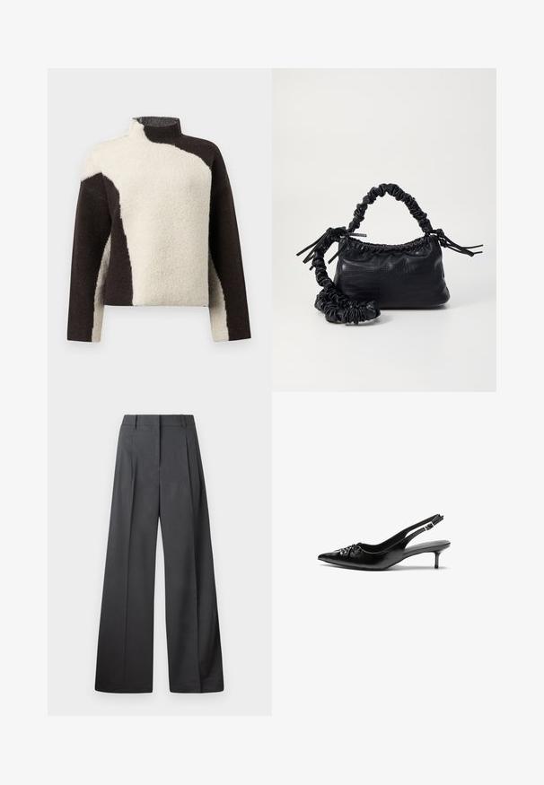 Fleece džemperis ar augstu apkakli, ar krāsu blokiem tumši brūnā un krēmkrāsā, demonstrējot mīkstu, teksturētu apdari.; Platās kājas bikses tumši pelēkā audumā, ar augstu jostasvietu, ar vienu uzpūstu vīli un gludu tekstūru ar tīru apdari ap malām.; Melni ādas sandales ar norādītu pirkstu, mazu kaķa papēdi un dekoratīvu mezglu detaļu priekšā. Gluda tekstūra visā virsmā.; Melnā mākslīgās ādas rokassoma ar krokodila rakstu, savilkta augšdaļa un saburzīta siksna. Izskatās mīksta un kompakta pēc dizaina.