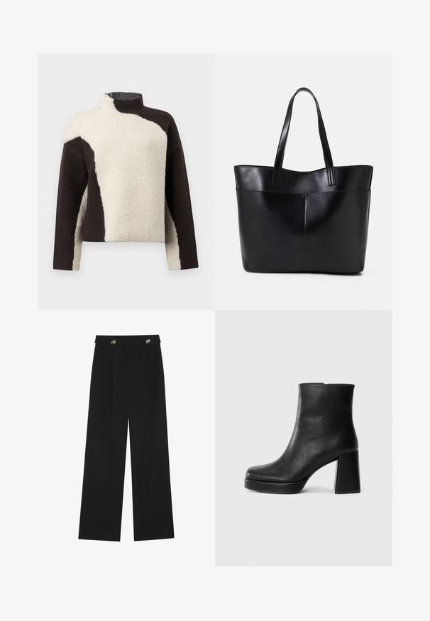 Fliisit-sviiter kõrge kaelusega, tumepruuni ja kreemika värvi kombineeritud disainiga, millel on pehme ja tekstureeritud viimistlus.; Mustad laiad püksid kõrge vöökoha ja nööpdetailidega vööandil, esikortsudega.; Must musta ankle boot, milleplokk-konts ja platvormi tallaga, vaadatud küljelt ühetoonilise valge tausta peal.; Must mustaga musta nahast, millel on kaks pikka kanda, sile tekstuur ja struktureeritud kuju. Esipoolsel on lisakoti jaoks tasku.