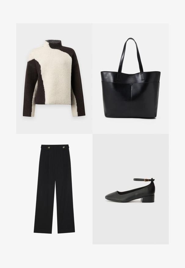 Fleece pulover z visokim ovratnikom, ki ima barvno blokirano zasnovo v temno rjavi in smetanasti barvi ter se ponaša s mehkimi, teksturiranimi površinami.; Črne široke hlače s visokim pasom, gumbnimi detajli na pasu in sprednjimi gubami.; Črne usnjene pumpice z nazobčanimi prsti in nizko blokasto peto. Imajo trak okoli gležnja z zaponko v zlatem tonu. Gladka tekstura.; Črna usnjena torba z dvema dolgima ročajema, gladko teksturo in strukturirano obliko. Ima sprednji žep za dodatno shranjevanje.