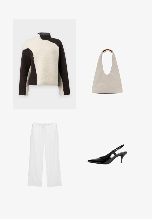 Sweter z polaru z wysokim kołnierzem, w kolorze brązowym i kremowym, z delikatną, teksturowaną powierzchnią.; Białe szerokie spodnie z miękkiego materiału, z elastycznym pasem i sznurkiem do regulacji oraz dwiema bocznymi kieszeniami. Prosty i schludny design.; Czarne lakierowane pantofle typu slingback z wydłużonym noskiem, otwartymi bocznymi wycięciami, smukłym obcasem i regulowanym zapięciem na kostkę.; Jasnoszara skórzana torba o kształcie litery U z zakrzywionym metalowym uchwytem. Gładka tekstura z minimalnymi szwami i bez widocznych wzorów.