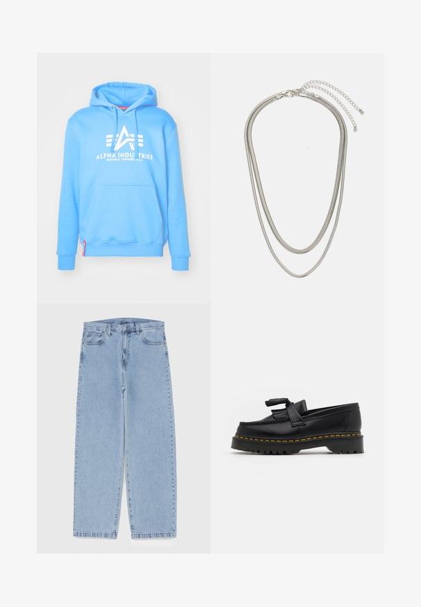 Ljusblå hoodie gjord av mjukt tyg med en stor vit logotyp, kengurufickor och ribbade muddar och nederkant.; Ljusblå denimjeans med rak bendesign, midjehög midja, fem fickor samt knapp- och dragkedjestängning.; Svart läderloafer med en tofsdetalj, med en kraftig svart sula och gul söm längs kanten. Strukturerad yta.; Tre-lager silvermetallhalsband med eleganta, flexibla kedjor med en svag glans, säkrad med ett kräftklämma och justerbar kedja.