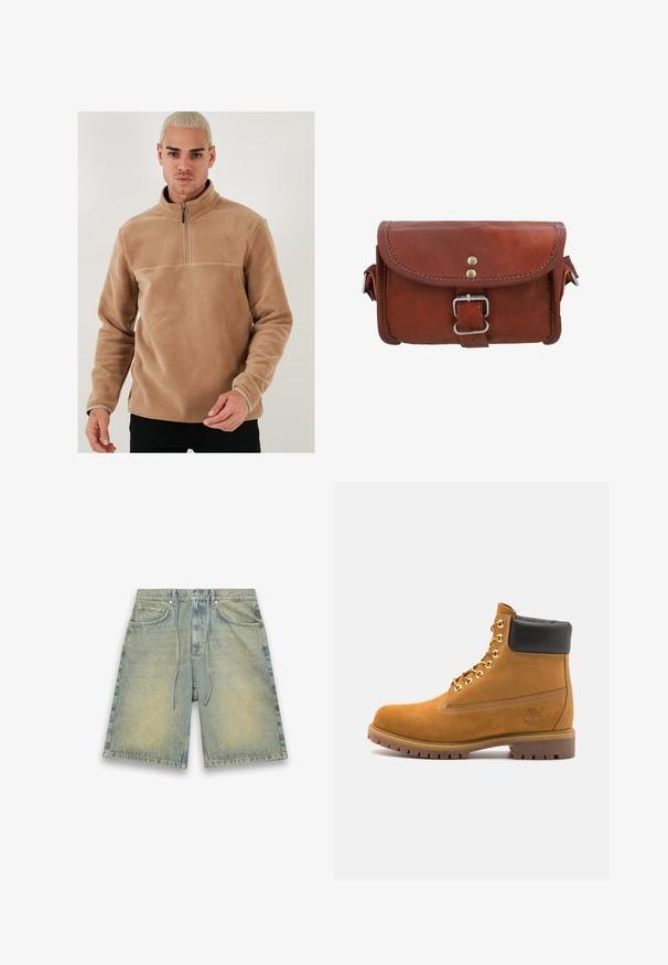 Beiger Fleece-Pullover mit einem halben Reißverschluss und langen Ärmeln. Er zeichnet sich durch eine glatte Textur und eine einfarbige Gestaltung ohne Muster oder Akzente aus.; Hellblaue Jeansshorts mit einem elastischen Kordelzugbund, vorderen Taschen und verblasster Textur. Mit subtilen Verfärbungen und geradem Schnitt.; Beige Wildleder-Ankle-Boot mit schwarzem gepolstertem Kragen, goldenen Metallösen, weißen Nähdetalben und einer robusten Gummisohle mit ausgeprägtem Profil.; Braune Lederhandtasche mit Klappenverschluss, silbernem Schnallenbeschlag und kontrastierendem Steppdetail. Kompakte rechteckige Form mit glatter Oberfläche.