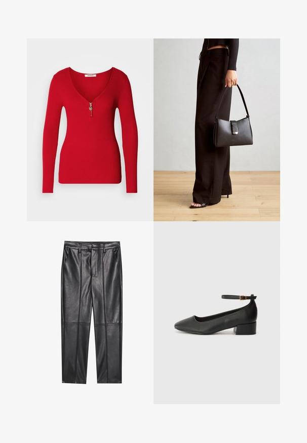 Rotes, geripptes Langarmoberteil mit tiefem V-Ausschnitt und silbernem Reißverschlussdetail an der Vorderseite. Weicher Stoff, taillierte Passform.; Schwarze Lederhosen mit glatter Textur, gerader Passform, zwei Fronttaschen und sichtbaren Nahtdetails.; Schwarze Lederpumps mit spitzem Zehenbereich und niedrigem Blockabsatz. Mit einem Knöchelriemen und einer goldfarbenen Schnalle. Glatte Textur.; Schwarze Handtasche mit strukturierter Form, glatter Textur und einem metallischen Verschluss. Kombiniert mit weiten schwarzen Hosen und offenen Sandalen auf einem Holzboden.