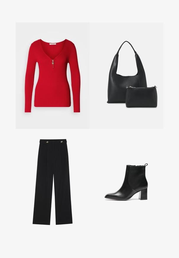 Rode geribbelde lange mouwen top met een diepe V-hals en een zilveren ritsdetail aan de voorkant. Zachte textuur, nauwsluitend ontwerp.; Zwarte wijde broek met hoge taille, knoopdetails op de tailleband en plooien aan de voorkant.; Zwarte leren enkelboot met een ronde neus, een blokhak van gemiddelde hoogte en een trekstrap aan de achterkant. Glad textuur, minimalistisch ontwerp.; Even&Odd Handtas - black