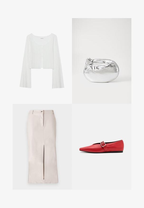 Weißes, geripptes, kurzes Oberteil mit rundem Ausschnitt, langen Ärmeln und Knopfleiste. Verfügt über eine leichte Textur und einen Schlitz vorne.; Beige satin Midirock mit einem Schlitzausschnitt vorne, versehen mit einem Taillenbund, Knopfverschluss und Seitentaschen. Glatte Textur und taillierte Passform.; Rote Leder-Ballerina mit einer spitzen Zehe, ausgestattet mit einem Seitenriemen mit einer Metallschnalle und einem niedrigen schwarzen Absatz. Glatte Textur über die gesamte Fläche.; Silberne metallic Pouch-Tasche mit einer sanften, abgerundeten Form und einem geknoteten Verschluss oben. Hergestellt aus glattem Kunstleder.; Silberne Creolen mit minimalistischem Design. Rundform, glatte Oberfläche und dünnes Profil. Leichtgewichtig mit hochglänzender Oberfläche.