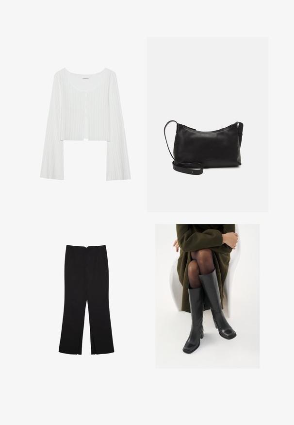 Weißes, geripptes, kurzes Oberteil mit rundem Ausschnitt, langen Ärmeln und Knopfleiste. Verfügt über eine leichte Textur und einen Schlitz vorne.; Schwarze Hose mit geradem Schnitt, ausgestattet mit Fronttaschen und Seitenschlitzen am Saum. Hergestellt aus weichem, glattem Stoff. Geeignet für verschiedene Anlässe.; Knöchelhöhe schwarze Lederstiefel mit quadrater Spitze und Blockabsatz, gezeigt mit einem Modell, das einen olivgrünen Mantel trägt. Glatte Textur, minimale Details.; Schwarze Ledertasche für die Schulter mit glatter Textur, geschwungener Form, verstellbarem Tragegurt und Reißverschluss. Minimalistisches Design ohne Verzierungen.