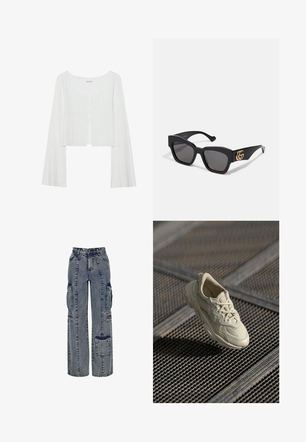 Fehér, bordázott, rövid fazonú top kerek nyakkivágással, hosszú ujjal és gombos záródással. Enyhén texturált felület jellemzi, valamint elöl egy hasíték részlet.; Világoskék farmer cargo nadrág. Széles lábakkal, több oldalsó zsebbel és kontrasztos sötét farmer betétekkel rendelkezik. Visszajelző varrásokkal van kialakítva.; Beige sneakerek textúrázott anyagból, sima kontrasztos részletekkel, kerek talppal és fűzőkkel, egy rácsozott felület fölött lebegve.; Fekete, téglalap alakú napszemüveg sötét lencsékkel, oldalt arany GG logóval. Fényes műanyagból készült, egyenes szárakkal.; Fekete bőr kézitáska strukturált formával, arany "VALENTINO" logós vállpánttal és leválasztható vállhevederrel. Texturált felület.