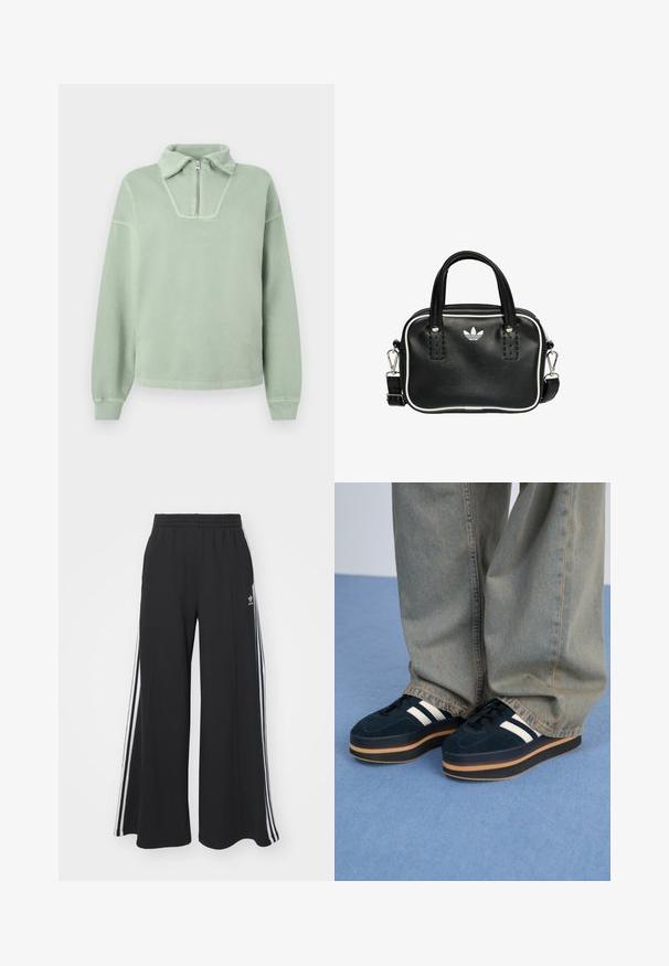 Pullover in pile verde con colletto a zip quarti, vestibilità rilassata, polsini a costine e una texture liscia. Presenta un ampio design del collo sagomato.; Pantaloni in felpa neri a gamba larga con vita elastica, dotati di strisce bianche sui lati e un logo ricamato sulla coscia sinistra.; Sneakers platform in suede blu scuro con strisce bianche e lacci neri. Presentano una spessa suola in gomma marrone. Indossati con pantaloni di jeans azzurri.; Borsa a mano in pelle nera con due manici corti, hardware argentato, dettagli bianchi e un logo bianco. Presenta una superficie strutturata e un design compatto.
