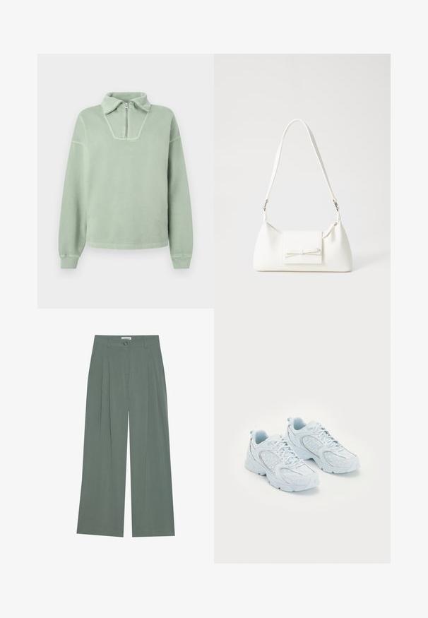 Grønn fleecetrolley med kvart-glidelås krage, avslappet passform, ribbede mansjetter og en glatt tekstur. Har et bredt, buet halsdesignet.; Grønne vide bukser med frontfald, knaplukning og sidelommer. Lavet af blødt, letvægtsstof med en glat tekstur.; Lyseblå treningssko med overdel av mesh og syntetisk materiale, med hvite prikker og reflekterende detaljer, snøring og polstrede såler.; Hvit syntetisk håndveske med trekantet form, flat klaff foran og sløyfe detaljer, justerbar stropp, glatt tekstur og minimalistisk design.